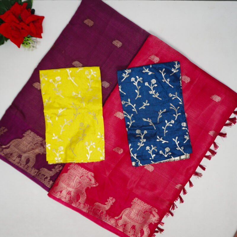 Tusser Silk Viscose And Pattu Border And Benares blouse -MB893 - Image 1