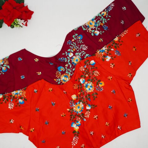 Cotton Silk With Work Blouses(Boat Neck)-B004