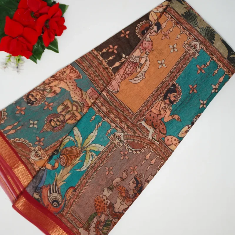Kalamkari Nijam Border Gicha Silk Sarees-MB707 - Image 4