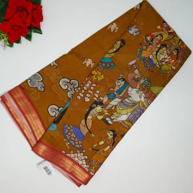 Kalamkari Nijam Border Gicha Silk Sarees-MB708 - Image 4