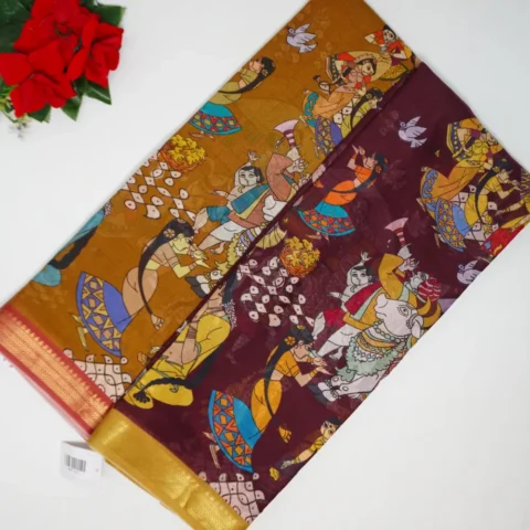Kalamkari Nijam Border Gicha Silk Sarees-MB708