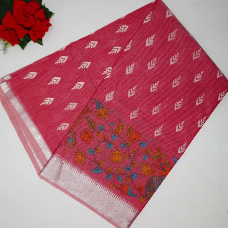 100 Count Mangalagiri Pattu Kalamkari Sarees-MB796 - Image 4