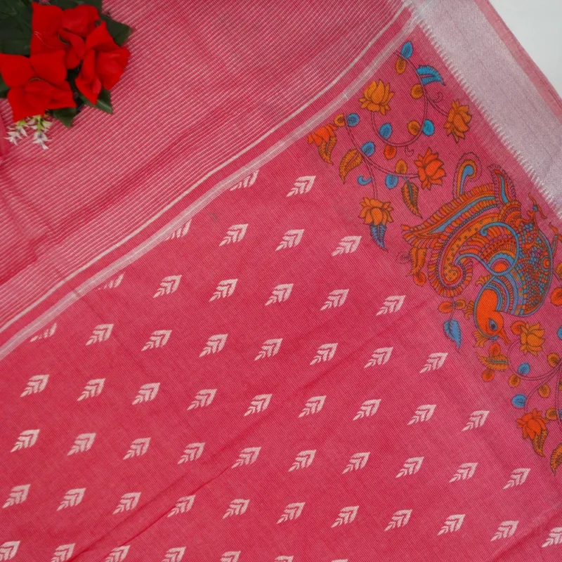 100 Count Mangalagiri Pattu Kalamkari Sarees-MB796 - Image 2