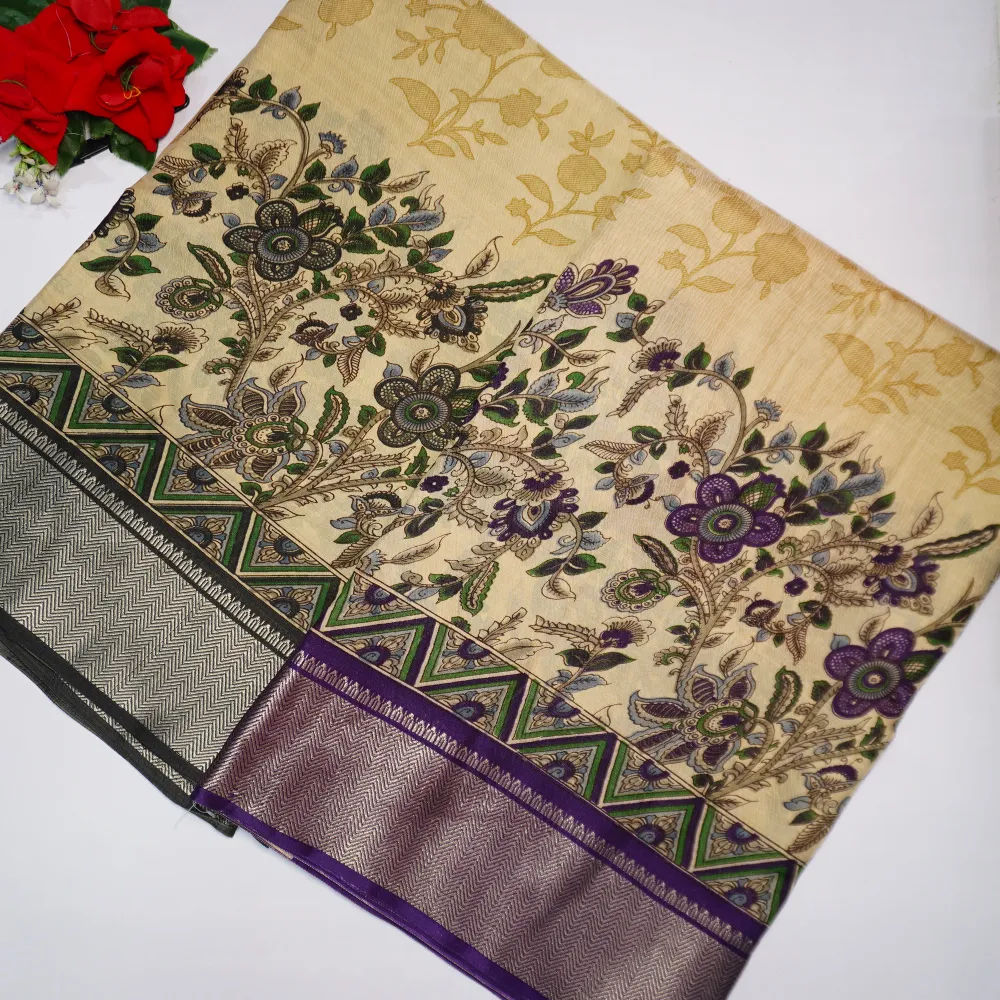 DSC00093 Cream Special Crushed Kalamkari Sarees -MB021 - Image 1