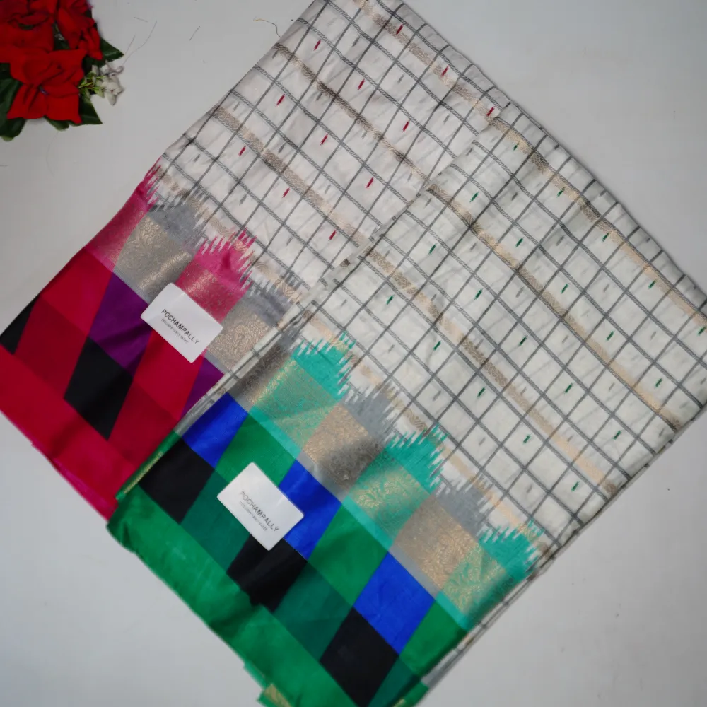 390 (9) White Special Pochampalli Checks Sarees-MB390 - Image 1