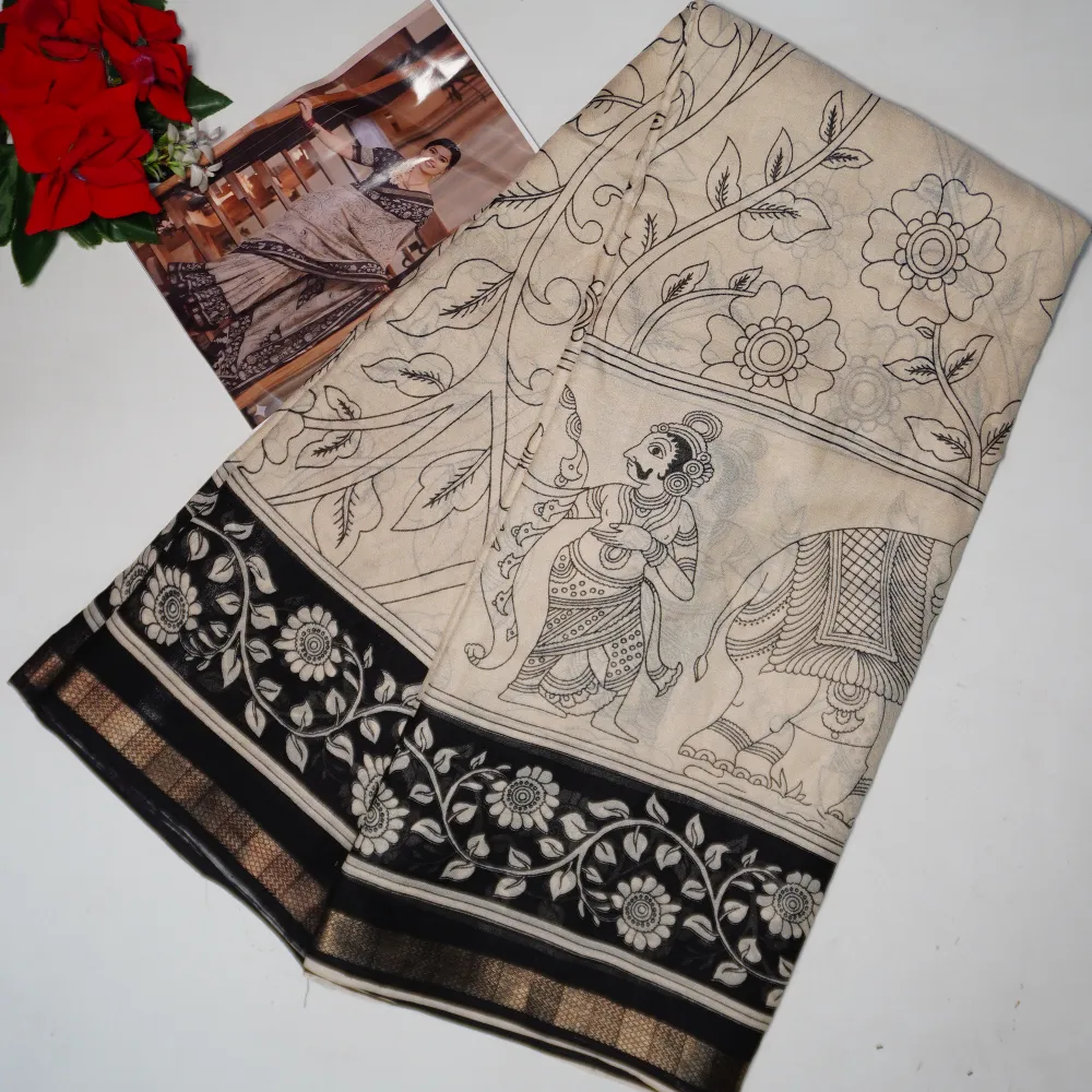 801 (5) Kalanjali Silk With Kalamkari Georgette Sarees (Black) -MB801 - Image 1