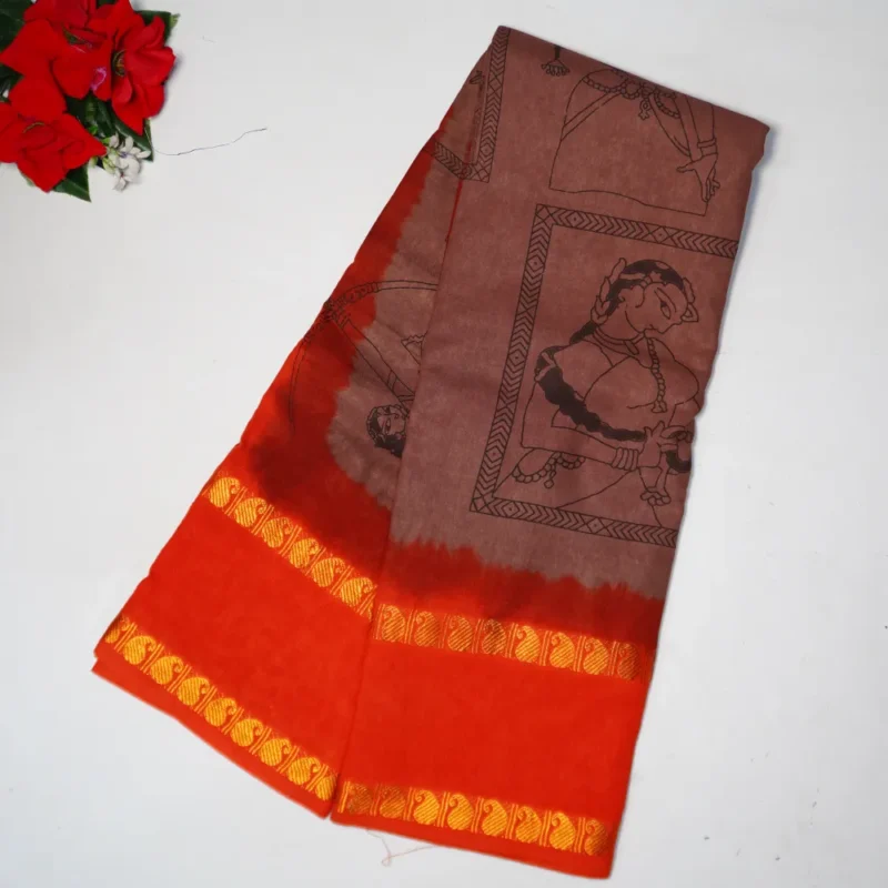 Pure cotton Partyware Saree in Mangalagiri -MB806(Orange) - Image 4