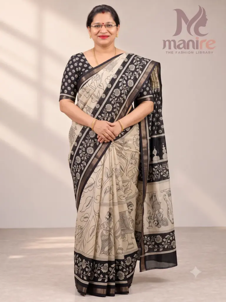 Kalanjali Silk With Kalamkari Georgette Sarees (Black)